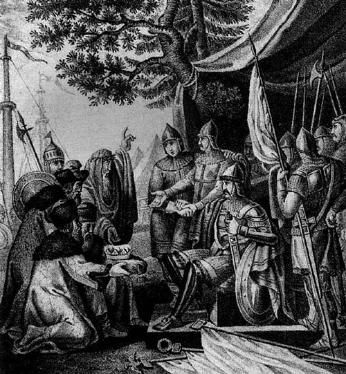 Рюрик, Синеус и Трувор принимают славянских послов, призывающих их на княжение. Рисунок XIX в.