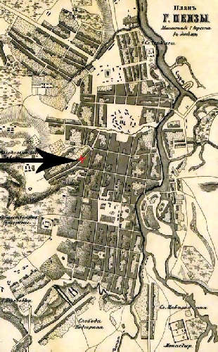 План Пензы в 1871 г., отмечен дом Ключевского.